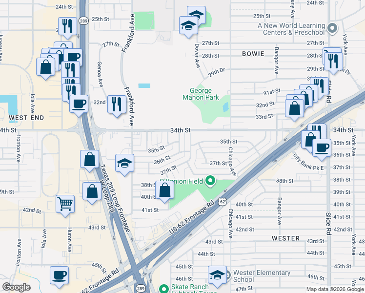 map of restaurants, bars, coffee shops, grocery stores, and more near 3407 Englewood Avenue in Lubbock