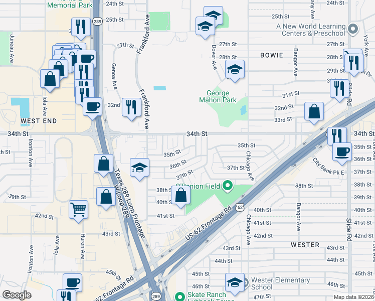 map of restaurants, bars, coffee shops, grocery stores, and more near 3408 Elmwood Avenue in Lubbock