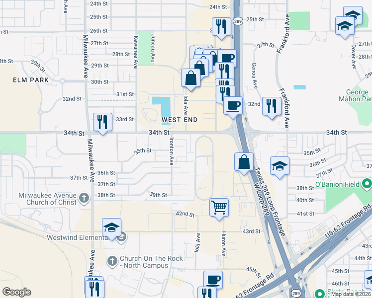 map of restaurants, bars, coffee shops, grocery stores, and more near 6108 35th Street in Lubbock