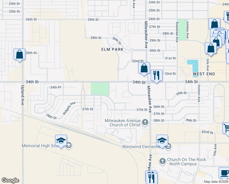 map of restaurants, bars, coffee shops, grocery stores, and more near 3407 Oak Ridge Avenue in Lubbock