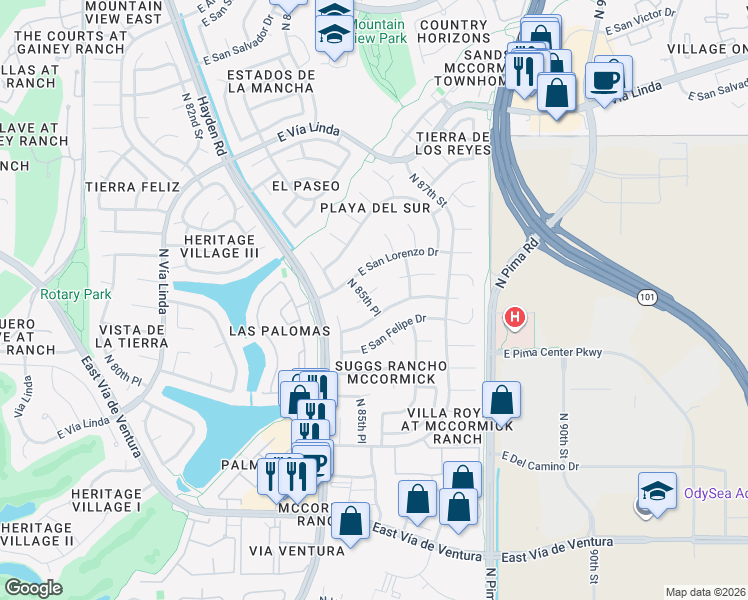 map of restaurants, bars, coffee shops, grocery stores, and more near 8532 East San Lucas Drive in Scottsdale