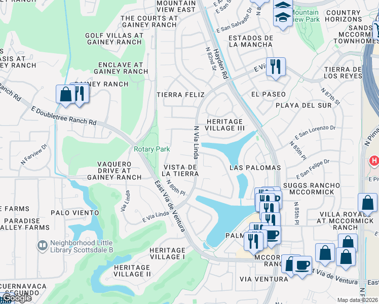 map of restaurants, bars, coffee shops, grocery stores, and more near 8107 East Del Cuarzo Drive in Scottsdale