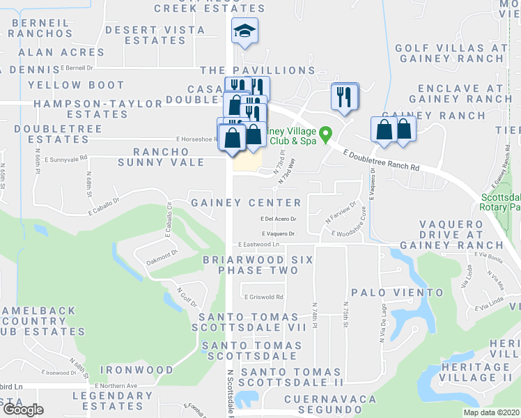 map of restaurants, bars, coffee shops, grocery stores, and more near 7286 East Woodsage Lane in Scottsdale
