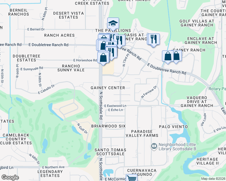 map of restaurants, bars, coffee shops, grocery stores, and more near 7286 East Woodsage Lane in Scottsdale