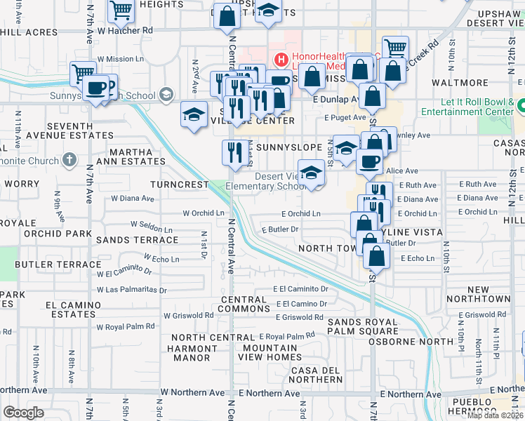 map of restaurants, bars, coffee shops, grocery stores, and more near 33 East Ruth Avenue in Phoenix