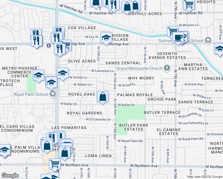 map of restaurants, bars, coffee shops, grocery stores, and more near 1509 West Orchid Lane in Phoenix