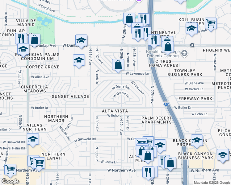 map of restaurants, bars, coffee shops, grocery stores, and more near 2917 West Diana Avenue in Phoenix