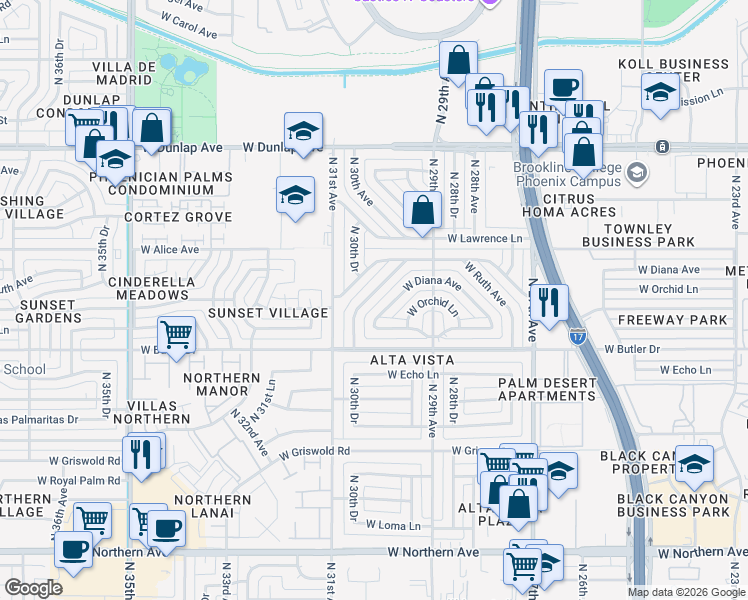 map of restaurants, bars, coffee shops, grocery stores, and more near 8605 North 30th Drive in Phoenix
