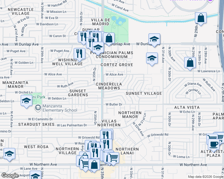 map of restaurants, bars, coffee shops, grocery stores, and more near 3405 West Diana Avenue in Phoenix