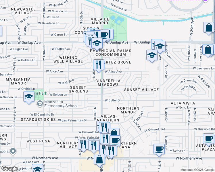 map of restaurants, bars, coffee shops, grocery stores, and more near 3436 West Diana Avenue in Phoenix