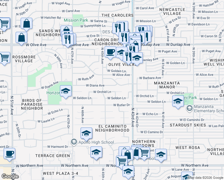 map of restaurants, bars, coffee shops, grocery stores, and more near 4425 West Diana Avenue in Glendale