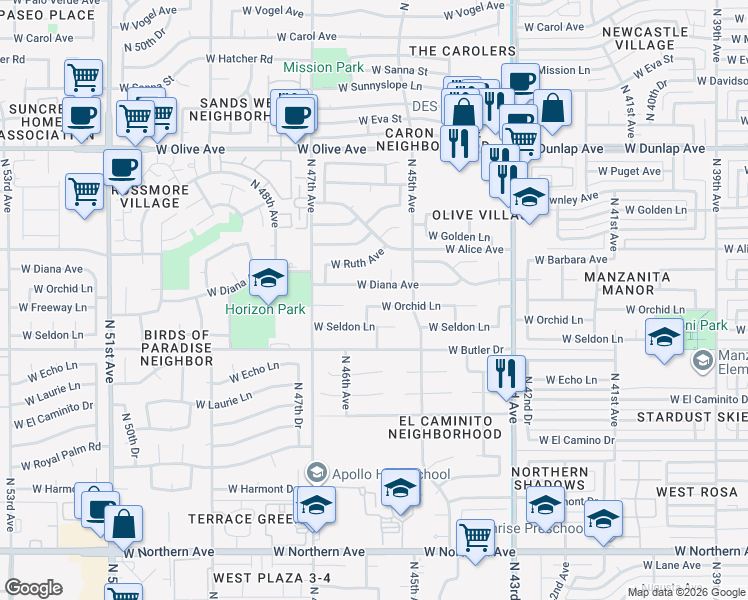 map of restaurants, bars, coffee shops, grocery stores, and more near 4539 West Diana Avenue in Glendale