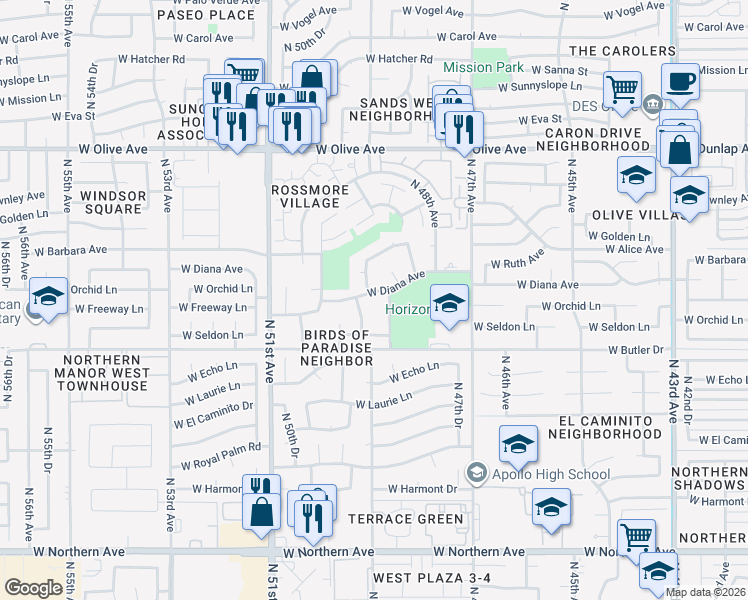 map of restaurants, bars, coffee shops, grocery stores, and more near 4844 West Diana Avenue in Glendale