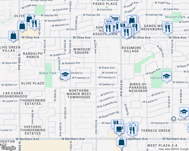 map of restaurants, bars, coffee shops, grocery stores, and more near 8551 North 53rd Avenue in Glendale