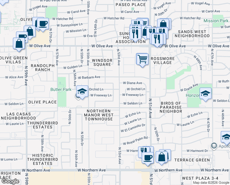 map of restaurants, bars, coffee shops, grocery stores, and more near 5326 West Orchid Lane in Glendale