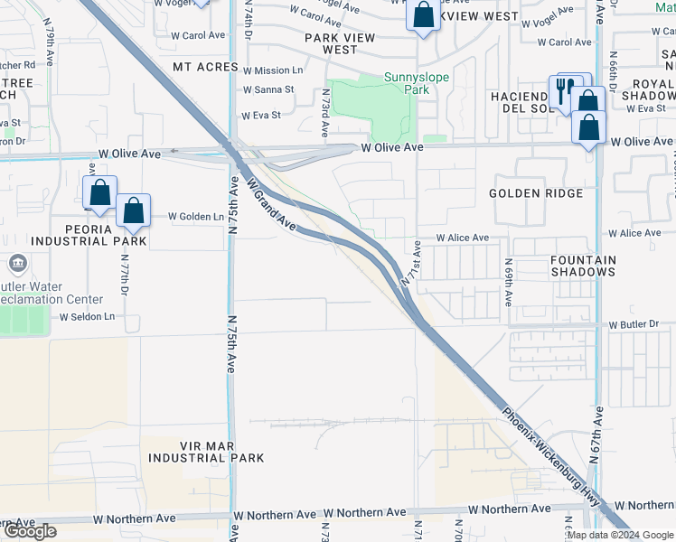 map of restaurants, bars, coffee shops, grocery stores, and more near 7246 Grand Avenue in Peoria