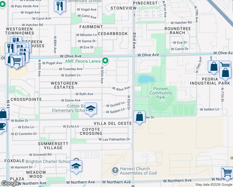 map of restaurants, bars, coffee shops, grocery stores, and more near 8413 West Alice Avenue in Peoria