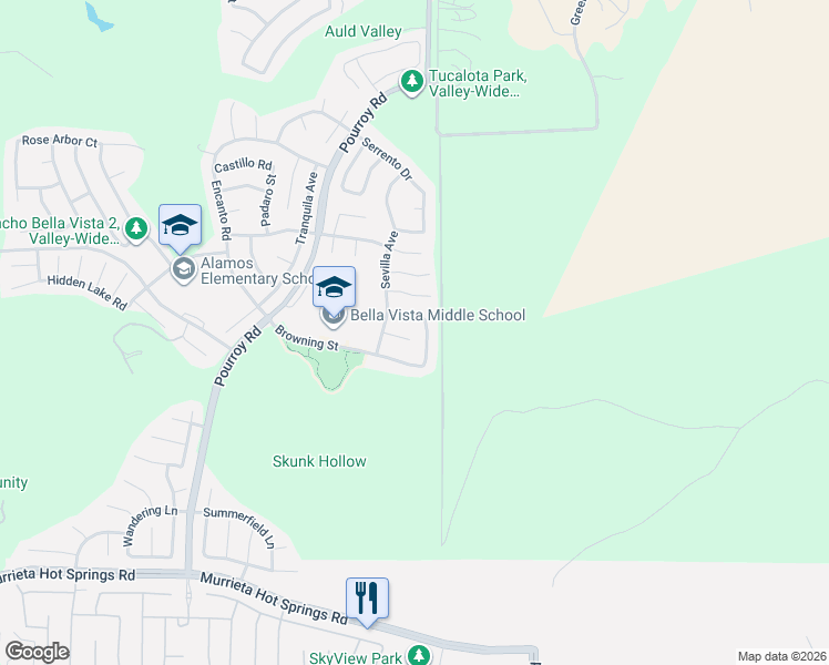 map of restaurants, bars, coffee shops, grocery stores, and more near 38403 Magdelena Street in Murrieta