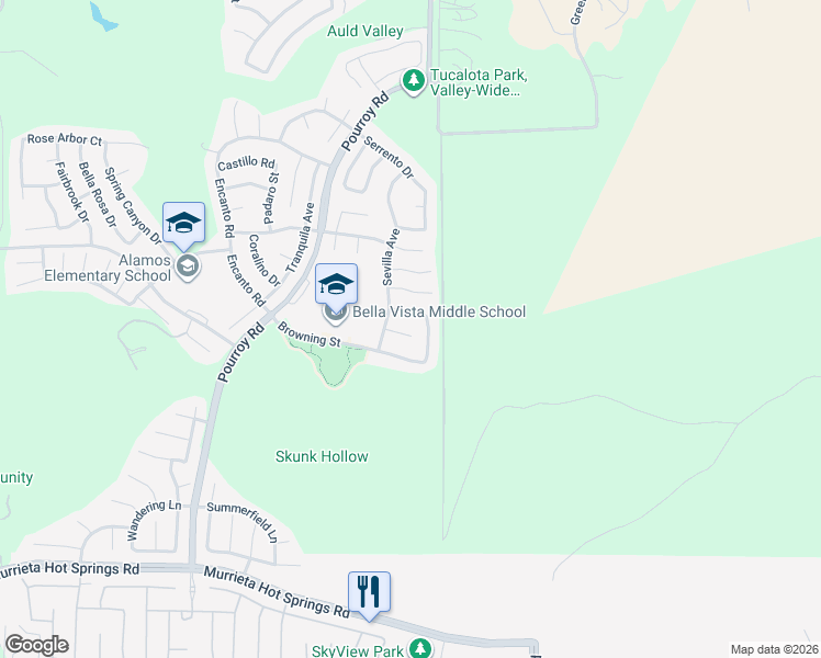 map of restaurants, bars, coffee shops, grocery stores, and more near 38403 Magdelena Street in Murrieta