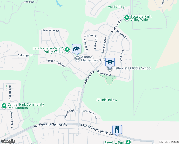 map of restaurants, bars, coffee shops, grocery stores, and more near 38531 Tranquila Avenue in Murrieta