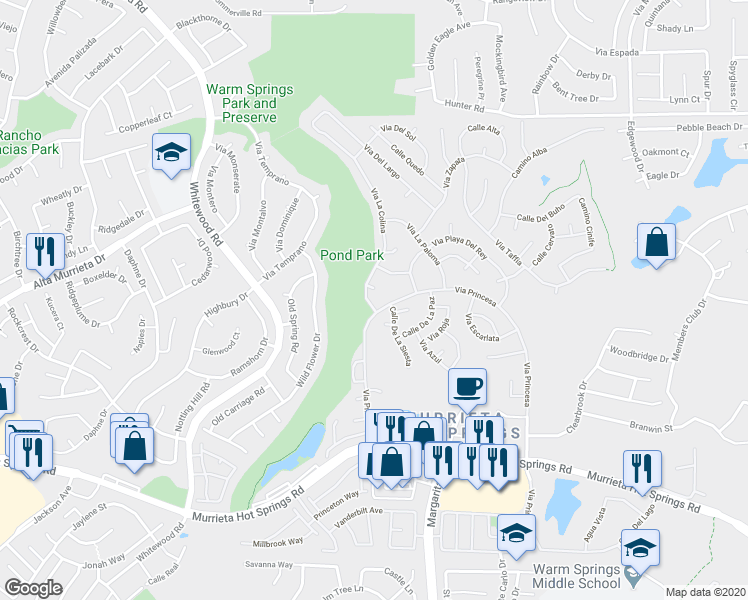 map of restaurants, bars, coffee shops, grocery stores, and more near 38424 Via La Colina in Murrieta