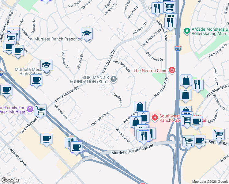 map of restaurants, bars, coffee shops, grocery stores, and more near 40600 Myers Lane in Murrieta