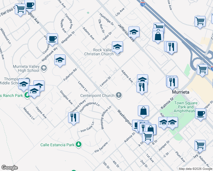 map of restaurants, bars, coffee shops, grocery stores, and more near 41977 Emelia Street in Murrieta
