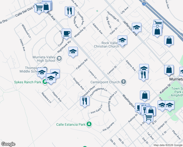 map of restaurants, bars, coffee shops, grocery stores, and more near 24325 Washington Avenue in Murrieta