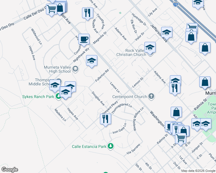 map of restaurants, bars, coffee shops, grocery stores, and more near 24211 Lenox Lane in Murrieta
