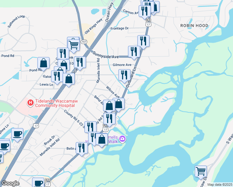 map of restaurants, bars, coffee shops, grocery stores, and more near 3880 Flagg Street in Murrells Inlet