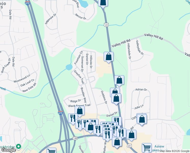 map of restaurants, bars, coffee shops, grocery stores, and more near 892-898 Fountain Circle in Stockbridge