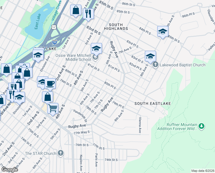 map of restaurants, bars, coffee shops, grocery stores, and more near 721 80th Place South in Birmingham