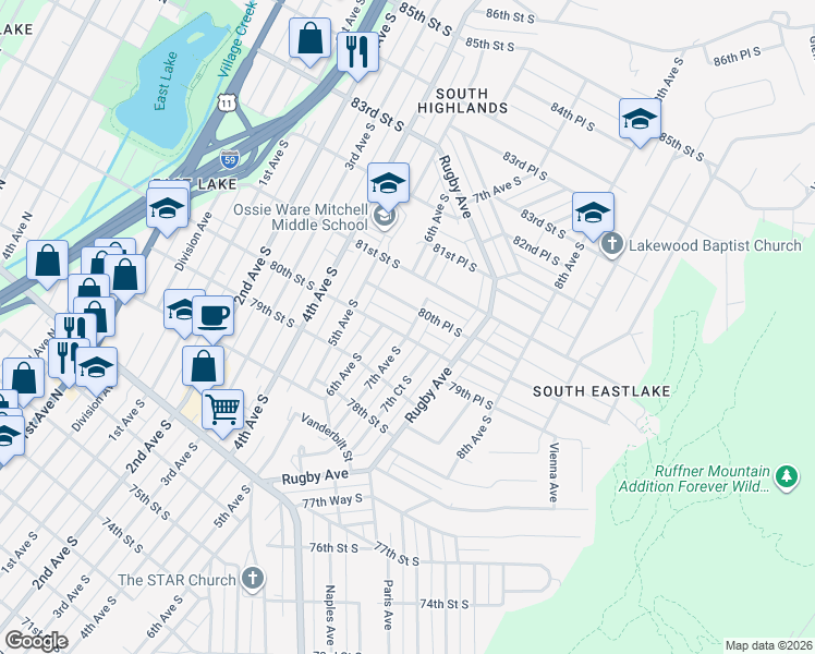 map of restaurants, bars, coffee shops, grocery stores, and more near 618 80th Place South in Birmingham