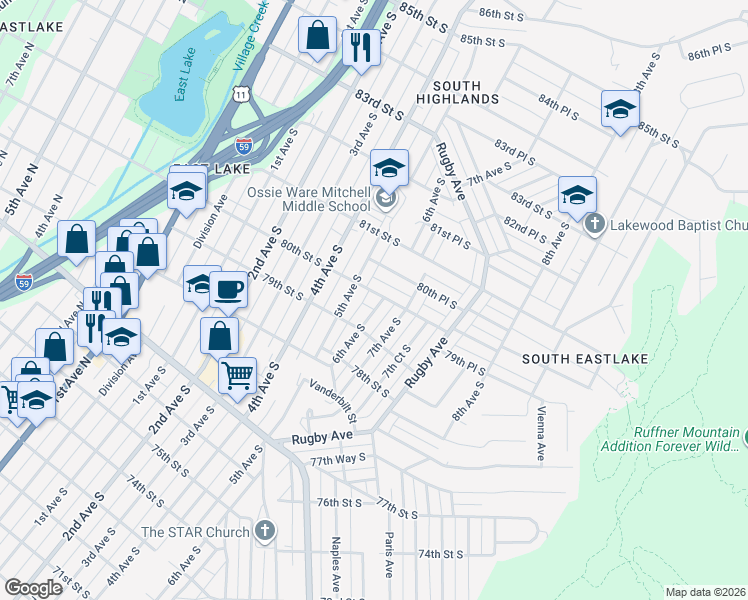 map of restaurants, bars, coffee shops, grocery stores, and more near 551-599 80th Street South in Birmingham
