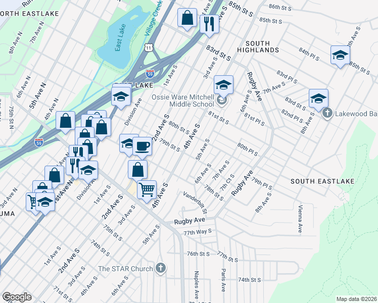 map of restaurants, bars, coffee shops, grocery stores, and more near 7904 4th Avenue South in Birmingham