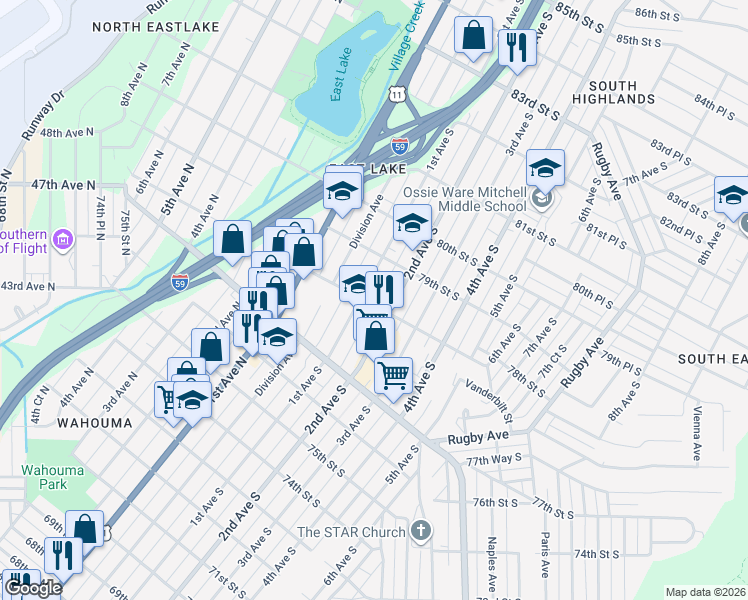 map of restaurants, bars, coffee shops, grocery stores, and more near 7816 2nd Avenue South in Birmingham