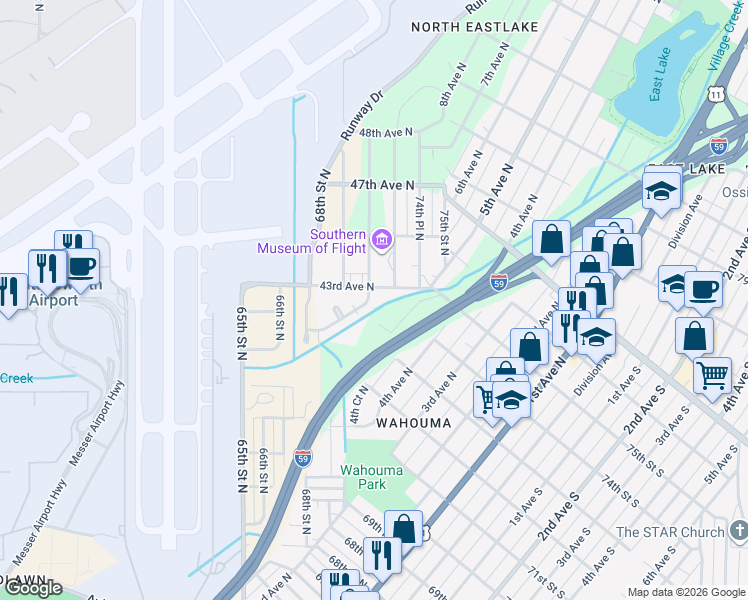 map of restaurants, bars, coffee shops, grocery stores, and more near 6909 43rd Avenue North in Birmingham