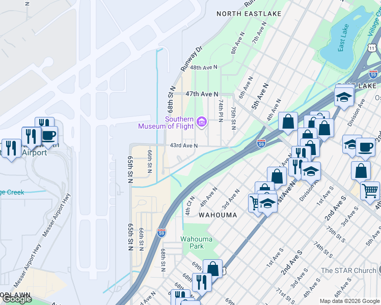map of restaurants, bars, coffee shops, grocery stores, and more near 6909 43rd Avenue North in Birmingham