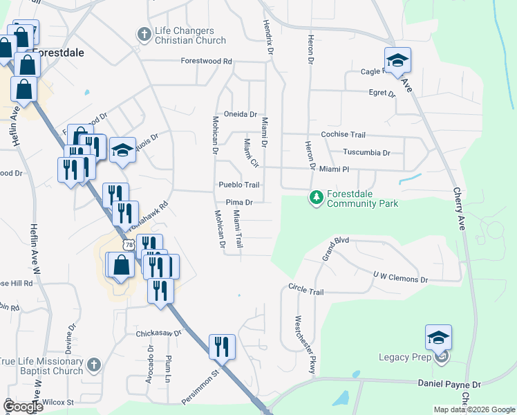 map of restaurants, bars, coffee shops, grocery stores, and more near 720 Pima Drive in Birmingham