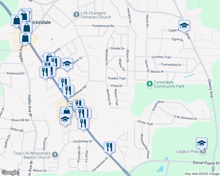map of restaurants, bars, coffee shops, grocery stores, and more near 704 Pima Drive in Birmingham
