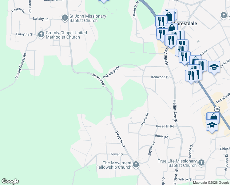 map of restaurants, bars, coffee shops, grocery stores, and more near 1469 Pratt Highway in Birmingham