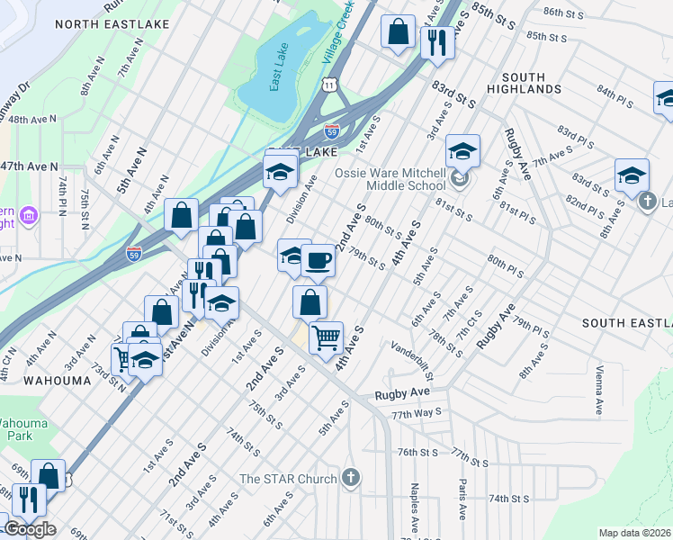 map of restaurants, bars, coffee shops, grocery stores, and more near 7817 2nd Avenue South in Birmingham