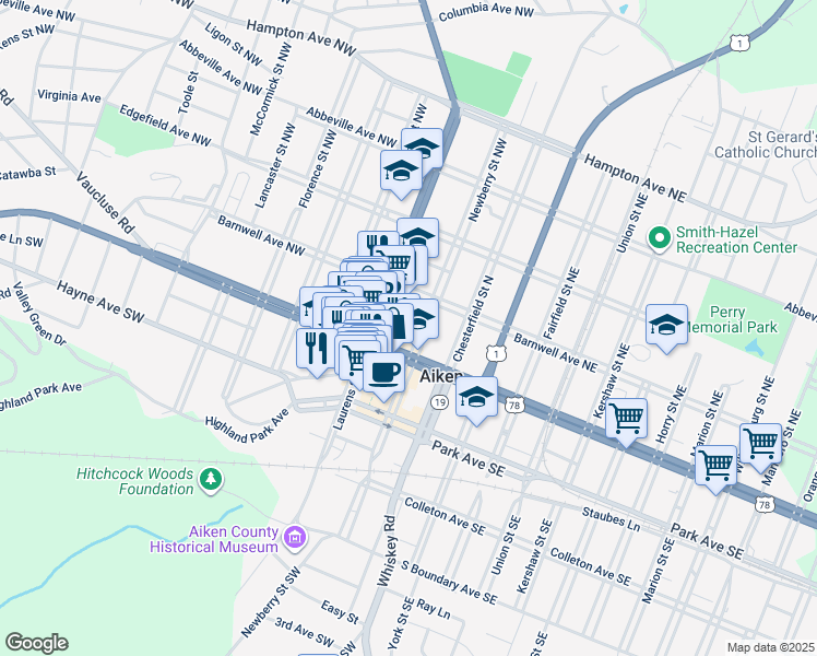 map of restaurants, bars, coffee shops, grocery stores, and more near 208 Arbor Terrace in Aiken