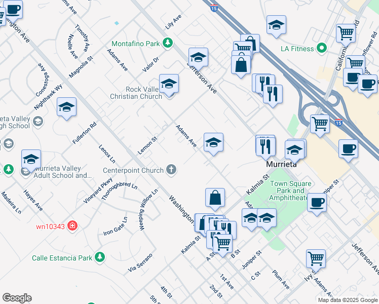 map of restaurants, bars, coffee shops, grocery stores, and more near 41548 Hutchison Court in Murrieta