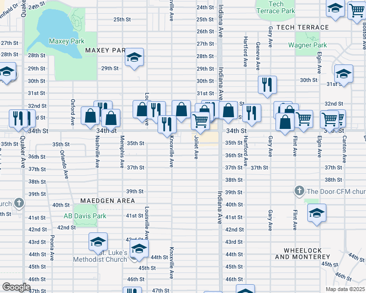 map of restaurants, bars, coffee shops, grocery stores, and more near 3414 Joliet Avenue in Lubbock