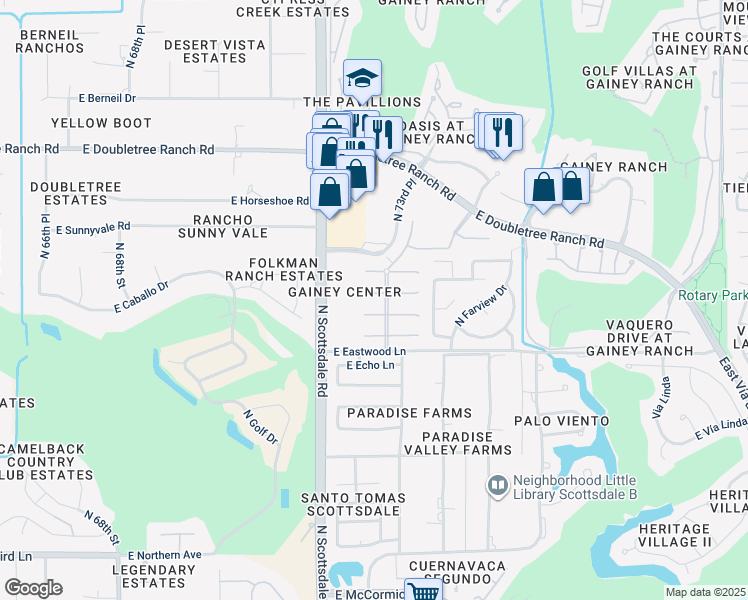 map of restaurants, bars, coffee shops, grocery stores, and more near 7301 East Woodsage Lane in Scottsdale