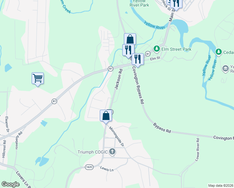 map of restaurants, bars, coffee shops, grocery stores, and more near 13 Jackson Street Southwest in Covington