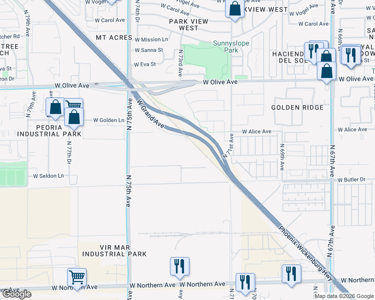 map of restaurants, bars, coffee shops, grocery stores, and more near 7246 Grand Avenue in Peoria