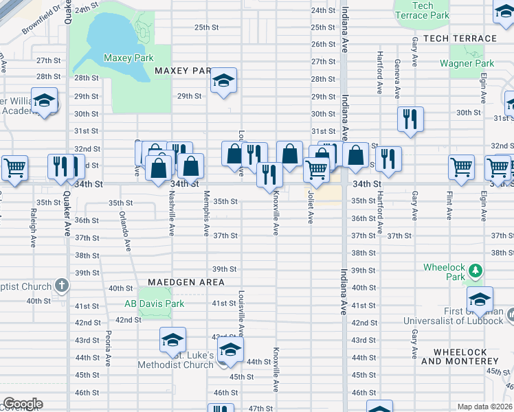 map of restaurants, bars, coffee shops, grocery stores, and more near 3609 35th Street in Lubbock