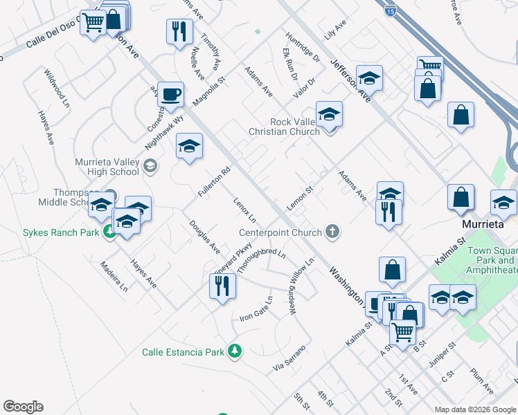 map of restaurants, bars, coffee shops, grocery stores, and more near 24325 Washington Avenue in Murrieta
